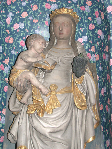 statue : Vierge à l'Enfant dite notre-dame des champs, partie supérieure, de face - © Monuments historiques