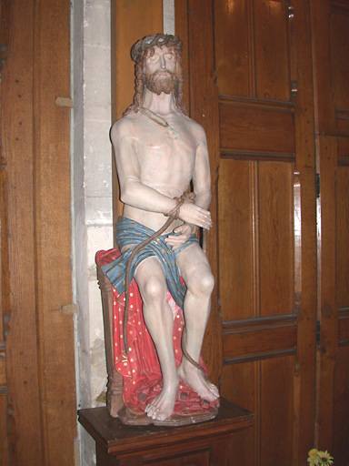 statue : Christ aux liens, vue de trois-quarts (repose après nettoyage, atelier Giordani, 2002)