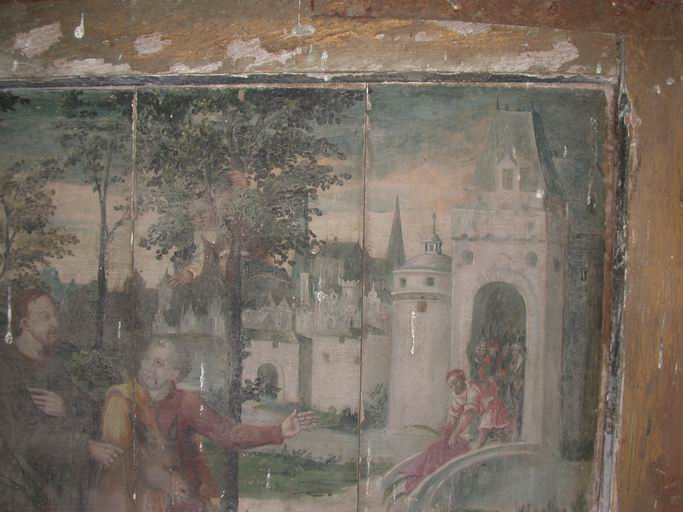 Détail du panneau de l'Entrée du Christ à Jérusalem, avant restauration : les murs de Jérusalem.