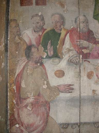 Détail du panneau de la Cène avant restauration : apôtres en bout de table.