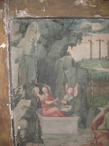 Détail du panneau du Noli me tangere avant restauration : les deux anges dans le sépulcre.