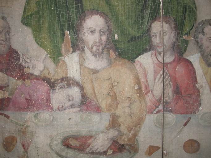 Détail du panneau de la Cène avant restauration : saint Jean Evangéliste et le Christ.