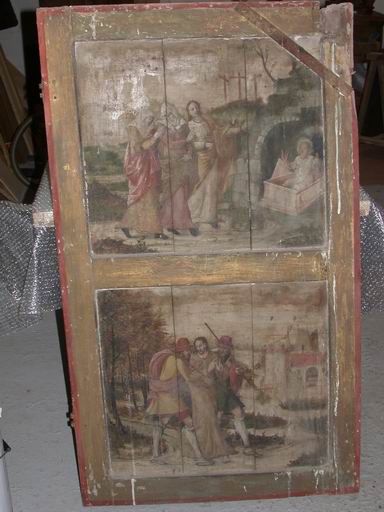 Volet de retable avant restauration : la Résurrection ; les pélerins d'Emmaüs.