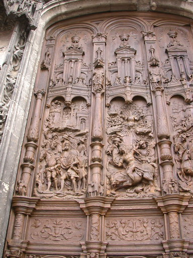 Détail du vantail de droite en cours de restauration (atelier Lehuen, 2002) : saint Paul sur le chemin de Damas.