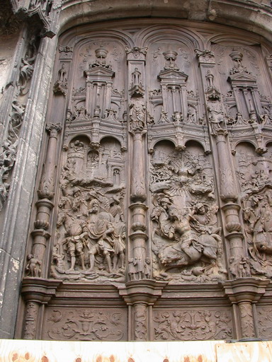 Détail du vantail de droite en cours de restauration (atelier Lehuen, 2002) : saint Paul sur le chemin de Damas.