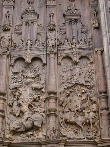 Détail du vantail de droite en cours de restauration (atelier Lehuen, 2002) : saint Paul sur le chemin de Damas.