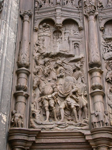 Détail du vantail de droite en cours de restauration (atelier Lehuen, 2002) : fuite de saint Paul.