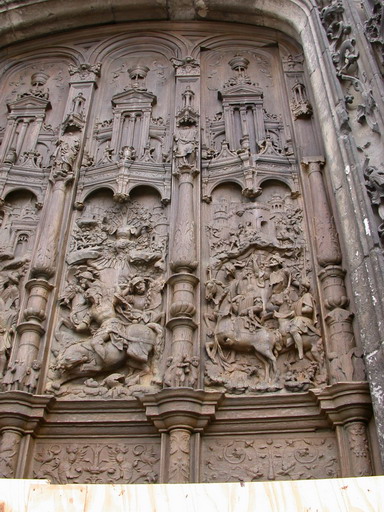 Détail du vantail de droite après restauration (atelier Lehuen, 2002) : saint Paul sur le chemin de Damas.