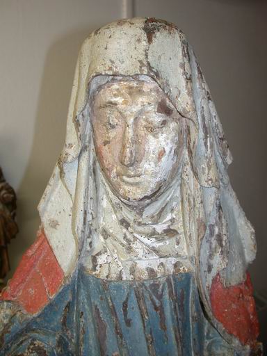 groupe sculpté : Sainte Anne et la Vierge ou l'éducation de la Vierge, détail du groupe en cours de restauration : tête de Sainte Anne (atelier Giordani, 2004)