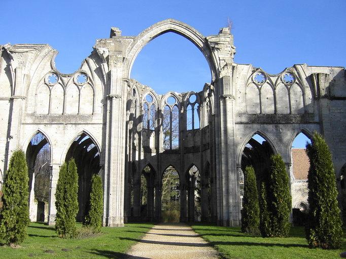 Ruines de l'église abbatiale : vue d'ensemble depuis l'ouest.