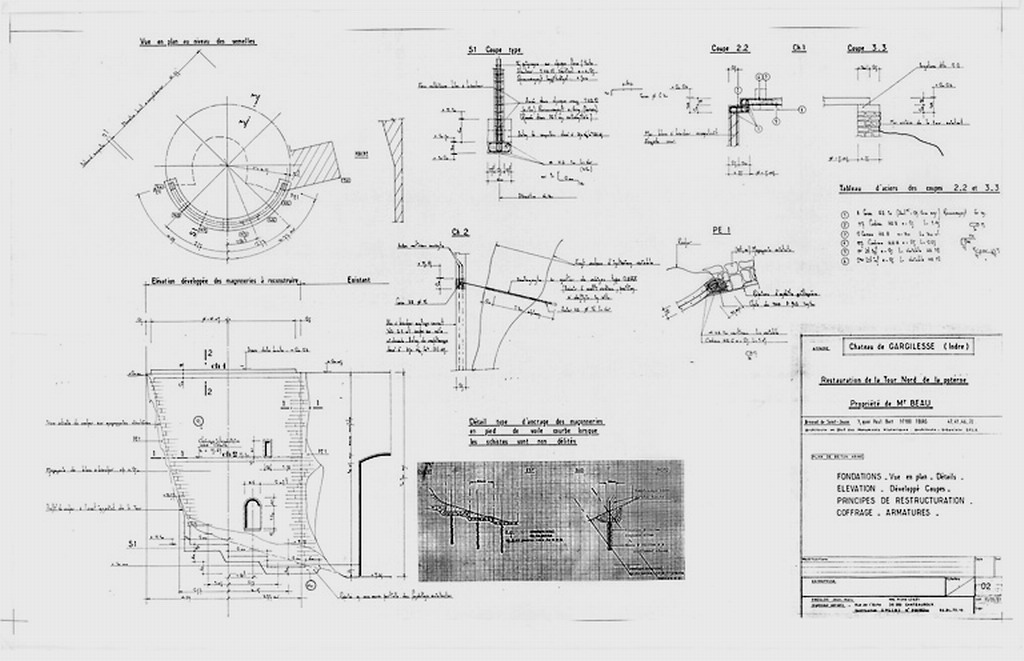 Château, tour nord de la Poterne : Travaux de chauffage (D.O.E.) : Plan cadastral, plan niveau sous sol.