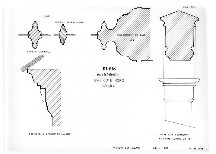 Cathédrale Saint-Louis : Bas coté nord, détails : meneau d'une baie, plan ; coupe sur contre fort ; pilastre contre la nef ; corniche à l'égout de la nef.