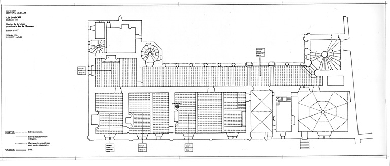 Château de Blois, aile Louis XII : Aile Louis XII, étude des sols : plancher du 1er étage, projeté sur le rez de chaussée.