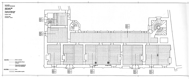 Château de Blois, aile Louis XII : Aile Louis XII, étude des sols : plancher du 2er étage, projeté sur le 1er étage.