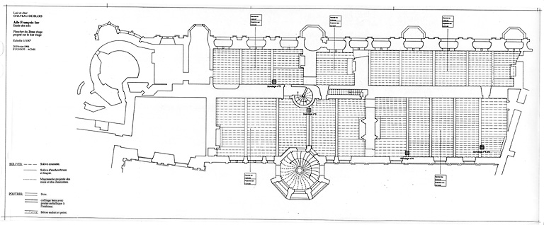 Château de Blois, aile François 1er : Aile François 1er, étude des sols : plancher du 2ème étage, projeté sur le 1er étage.