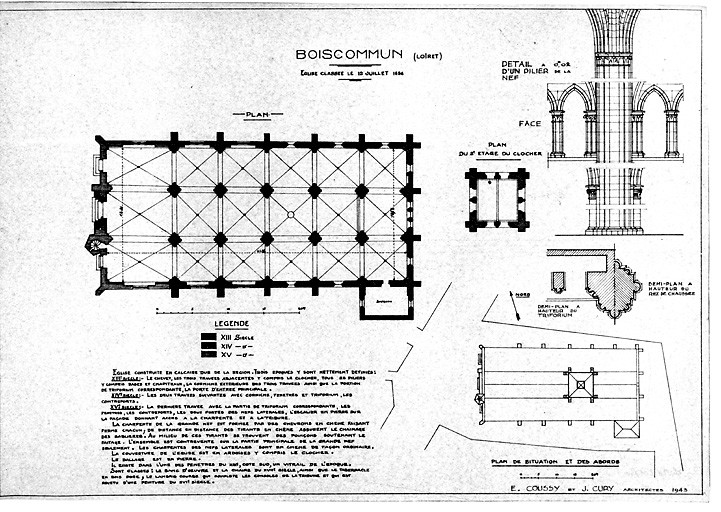 Eglise : plan au sol; plan du 2ième étage du clocher; plan de situation et des abords; détail d'un pilier de la nef.