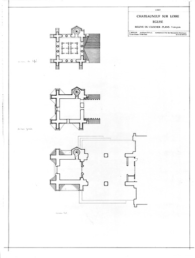 Eglise Saint-Martial : Plan niveau sol, plan niveau du grenier, plan niveau du beffroi.