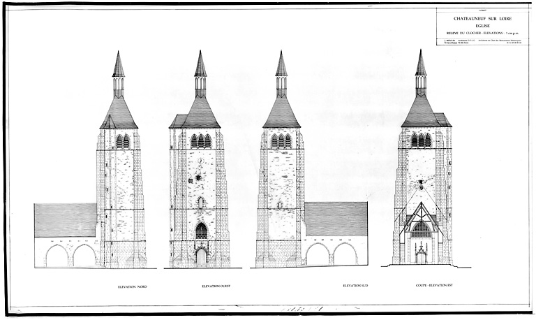 Eglise Saint-Martial : Elévation nord, élévation ouest, élévation sud, coupe-élévation est.