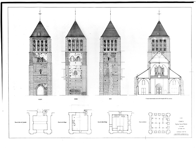 Eglise Saint-Pierre : CLOCHER : plan du rez de chaussée; plan du 1er étage; plan du 2ième étage; plan du beffroi; façade ouest; façade nord; façade sud; coupe transversale sur la nef et façade est du clocher.