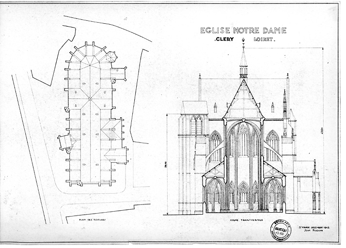 Basilique, collégiale Notre-Dame : Plan des toitures; coupe transversale.