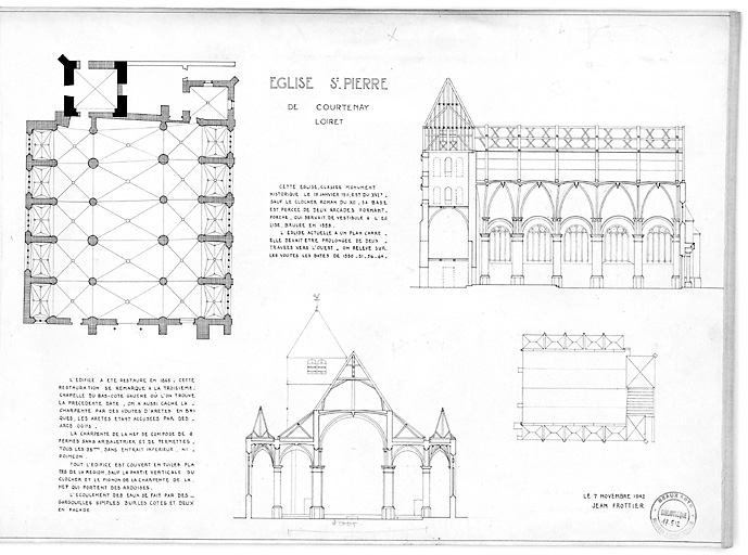 Eglise Saint-Pierre : Plan au sol, coupe longitudinale, plan de toitures, coupe transversale.