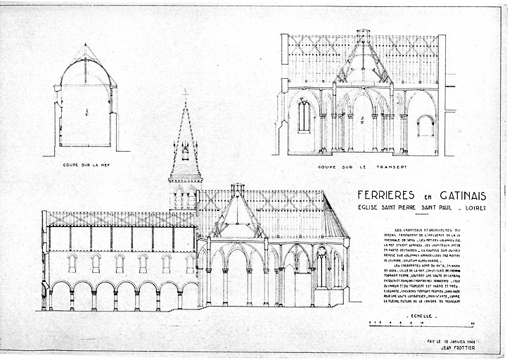 Eglise abbatiale Saint-Pierre, Saint-Paul : coupe longitudinale; coupe transversale sur le transept; coupe transversale sur la nef.