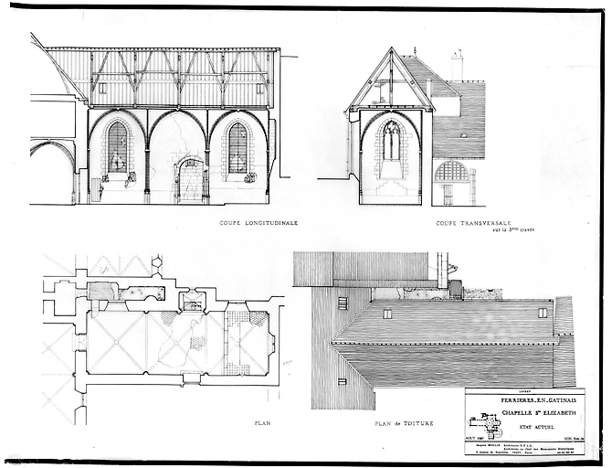 Eglise abbatiale Saint-Pierre, Saint-Paul : CHAPELLE SAINTE ELISABETH (ETAT ACTUEL): plan au sol; plan de toiture; coupe longitudinale; coupe transversale sur la 3ième travée