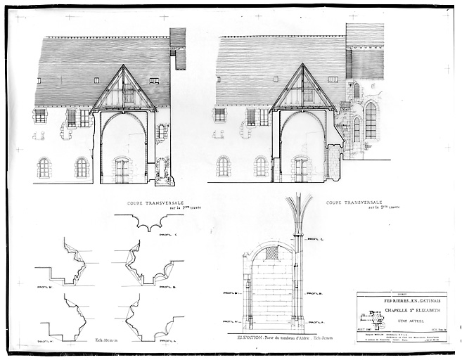 Eglise abbatiale Saint-Pierre, Saint-Paul : CHAPELLE SAINTE ELISABETH (ETAT ACTUEL): coupe transversale sur la 1ère travée, coupe transversale sur la 2ème travée, détail de profils; élévation de la porte du tombeau d'Albric.