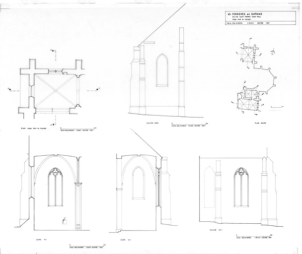 Eglise abbatiale Saint-Pierre, Saint-Paul : ANGLE NORD DU TRANSEPT: plan masse du transept et de la sacristie; plan au sol de l'angle du transept; coupe FF'; coupe EE'; façade nord; façade est.