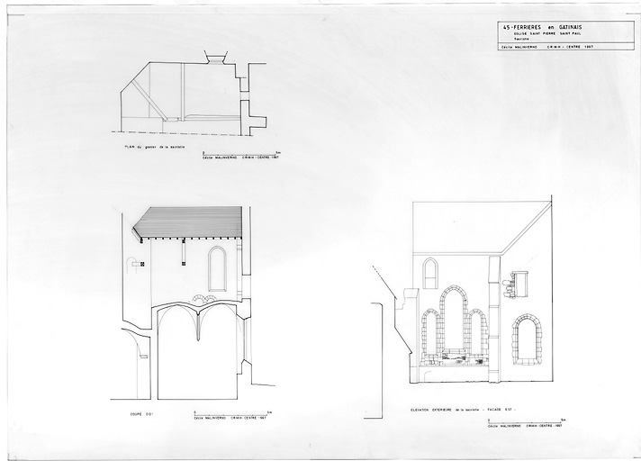 Eglise abbatiale Saint-Pierre, Saint-Paul : SACRISTIE: plan du grenier de la sacristie; coupe DD'; élévation extérieure de la sacristie; façade est.