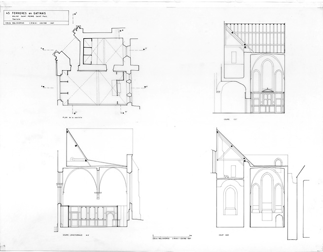 Eglise abbatiale Saint-Pierre, Saint-Paul : SACRISTIE: plan au sol; coupe longitudinale AA'; coupe BB'; coupe CC'.