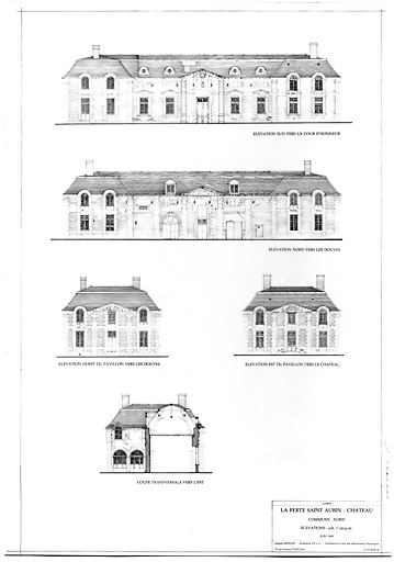 Château, communs nord : COMMUNS NORD : élévation sud vers la cour d'honneur, élévation nord vers les douves, élévation est du pavillon vers le château, élévation ouest du pavillon vers les douves, coupe transversale vers l'est.