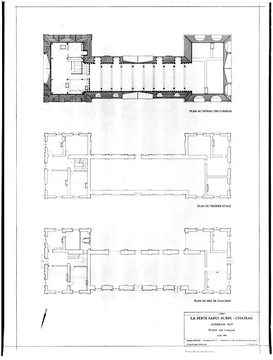 Château, communs sud : COMMUNS SUD : plan du rez de chaussée, plan du 1er étage, plan au niveau des combles.