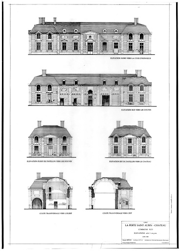 Château, communs sud : COMMUNS SUD : élévation nord vers la cour d'honneur, élévation sud vers les douves, élévation ouest du pavillon vers les douves, élévation est du pavillon vers le château, coupe transversale vers l'est, coupe transversale vers l'ouest.