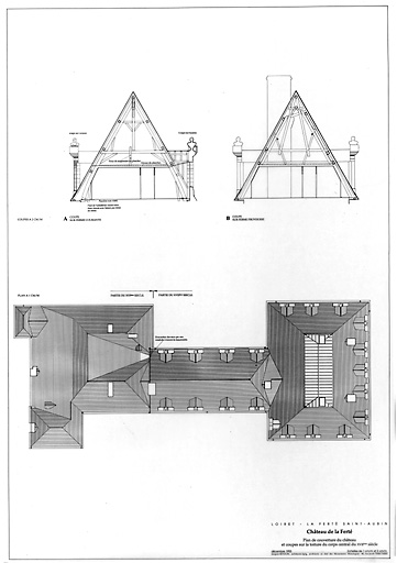 Château : CHATEAU : plan de couverture, coupe sur le corps central (sur ferme courante), coupe sur le corps central (sur ferme provisoire).