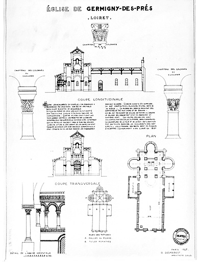 Eglise de la Très-Sainte-Trinité : Plan des toitures, plan au sol, coupe transversale, coupe longitudinale, détail de l'abside oriental, détail de deux chapiteaux de colonne du clocher.