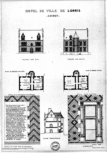 Hôtel de ville : Plan du rez de chaussée ; plan du 1er étage ; coupe transversale ; façade sur rue ; façade sur jardin ; détail de la décoration en brique ; détail d'une fenêtre.