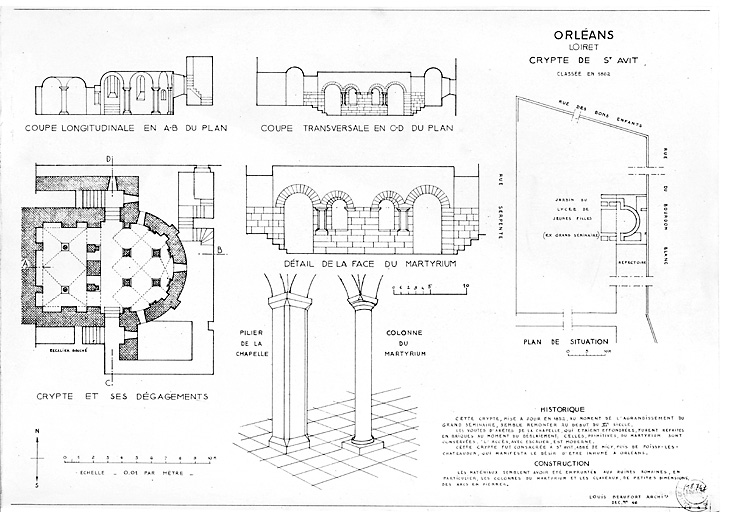 Eglise, crypte Saint-Avit, actuellement lycée : Plan de situation, plan au sol et ses dégagements, coupe longitudinale A B, coupe transversale C D, détail de la façade du martyrium, vue en perspective du pilier de la chapelle et de la colonne du martyrium.