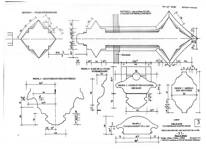 Cathédrale Sainte-Croix : RESTAURATION DE L'ARC BOUTANT DE LA NEF - S2 détails : section 1, de la culée intermédiaire ; section 2, 1ère et 2ème culée et massif d'étrésillonement ; profil 3, arcatures et mur goutereau ; profil 4, base de la culée intermédiaire ; profil 5, conduit d'évacuation des eaux ; profil 7, meneau des arcatures ; profil 6, couronnement de l'arc.