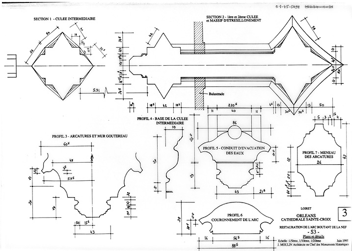 Cathédrale Sainte-Croix : RESTAURATION DE L'ARC BOUTANT DE LA NEF - S2 détails : section 1, de la culée intermédiaire ; section 2, 1ère et 2ème culée et massif d'étrésillonement ; profil 3, arcatures et mur goutereau ; profil 4, base de la culée intermédiaire ; profil 5, conduit d'évacuation des eaux ; profil 7, meneau des arcatures ; profil 6, couronnement de l'arc.