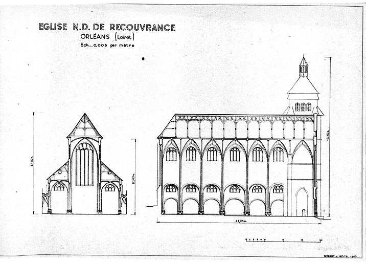 Eglise Notre-Dame de Recouvrance : coupe longitudinale avec élévation nord ; coupe transversale avec élévation vers le chevet