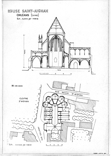 Eglise Saint-Aignan : plan de toitures et des abords ; coupe transversale avec élévation vers le choeur