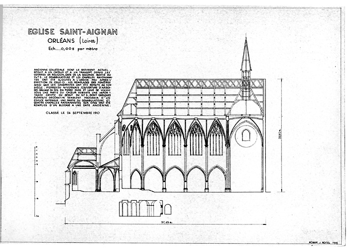 Eglise Saint-Aignan : coupe longitudinale avec élévation vers le sud