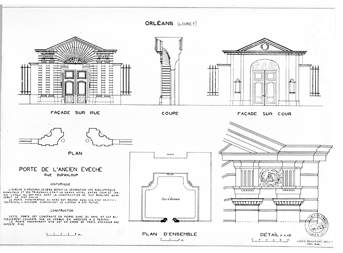 Ancien Evêché, actuellement bibliothèque municipale : Porte monumentale, plan d'ensemble ; plan de la porte ; façade sur rue ; façade sur cour ; coupe.