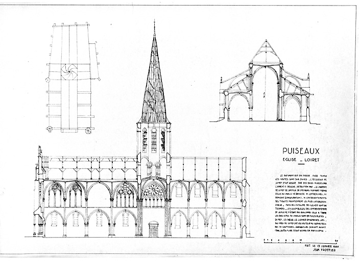 Eglise Notre-Dame : Plan de toiture ; coupe transversale ; coupe longitudinale.