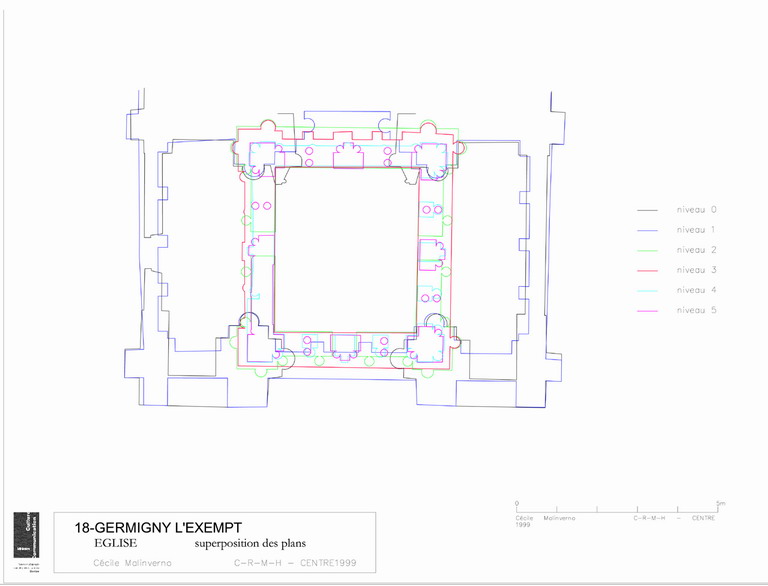 Eglise Notre-Dame : Plan des 5 niveaux superposés.