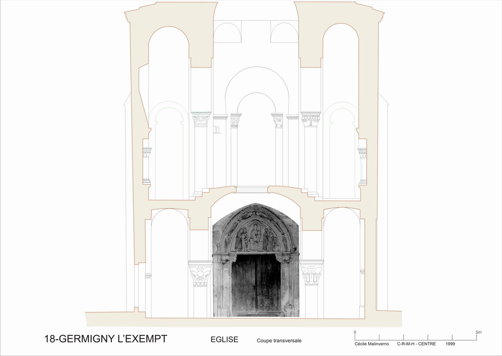 Eglise Notre-Dame : Coupe transversale partielle avec photo redressée du portail.