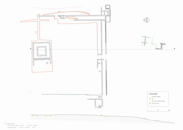 Sanctuaire : Plan au sol ; Coupe longitudinale.