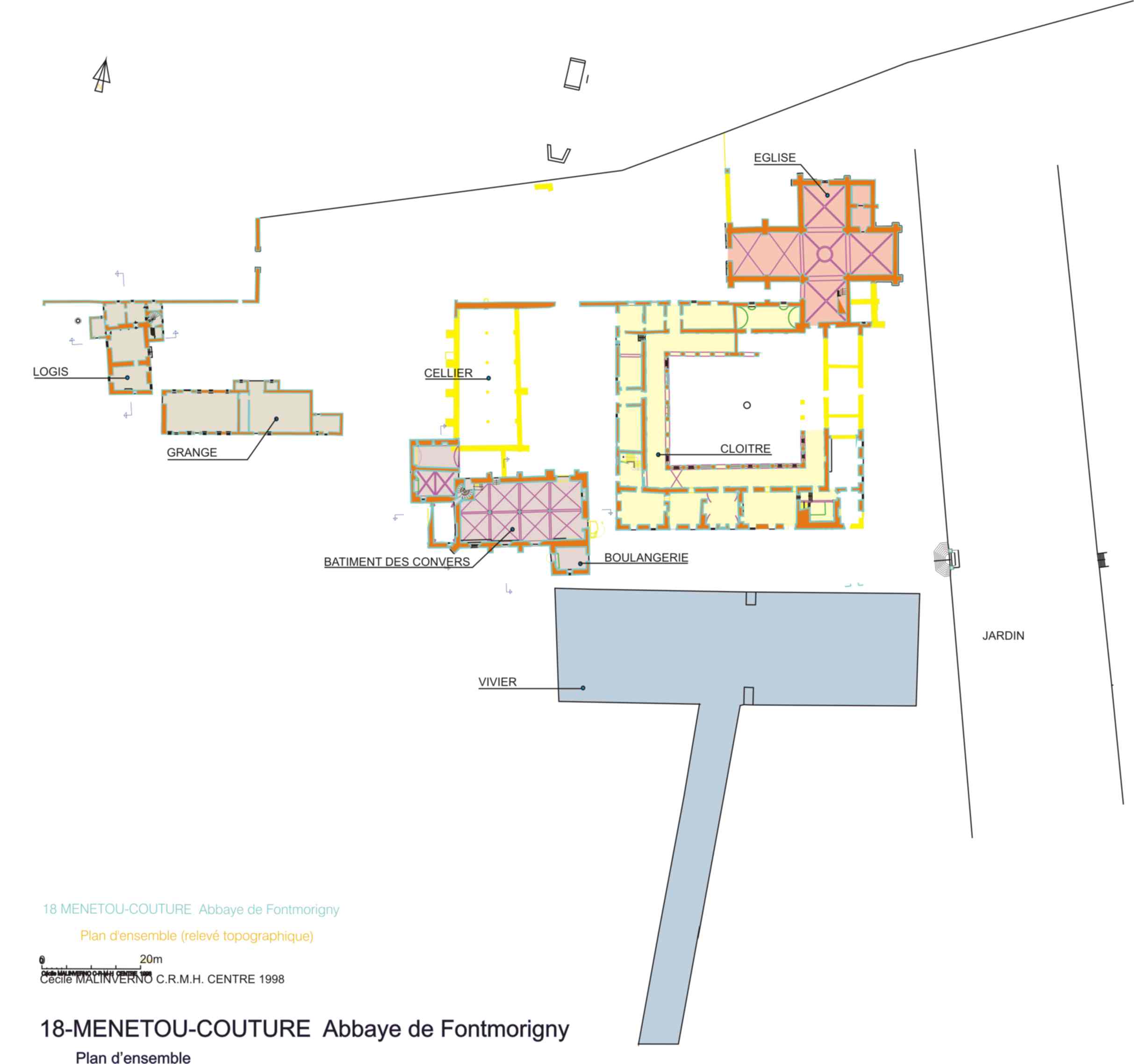 Abbaye cistercienne de Fontmorigny : Plan masse et de situation des bâtiments.