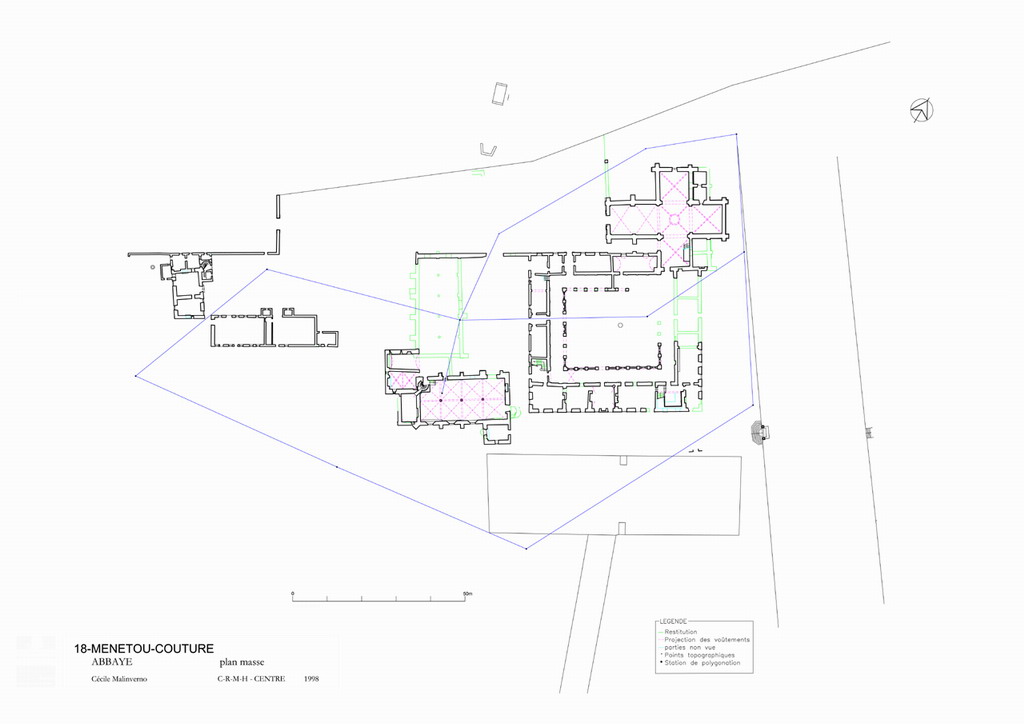 Abbaye cistercienne de Fontmorigny : Plan masse et de situation des stations de relevé topographiques.